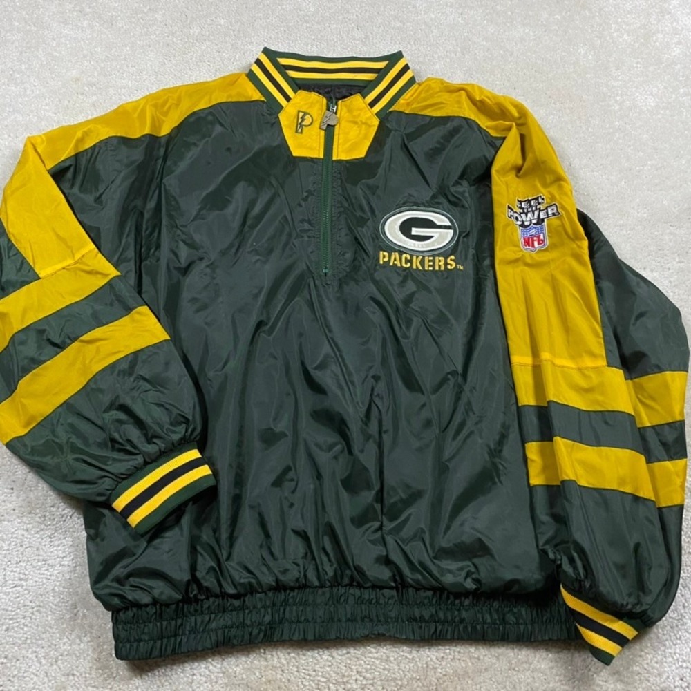 VTG Pro Player Green Bay Packers Windbreaker Mens XL Green Yellow NFL Reversible